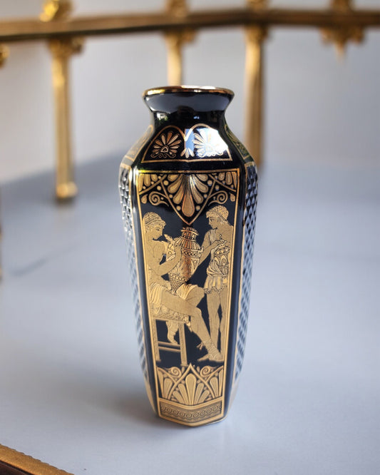 Vintage Dark Blue Greek Mini Vase with 24-Carat Gold Decoration