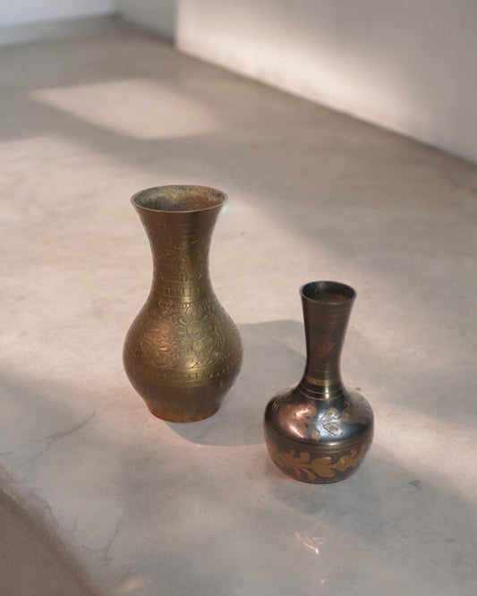 Pair of Vintage Indian Engraved Brass Leaf Mini Vases