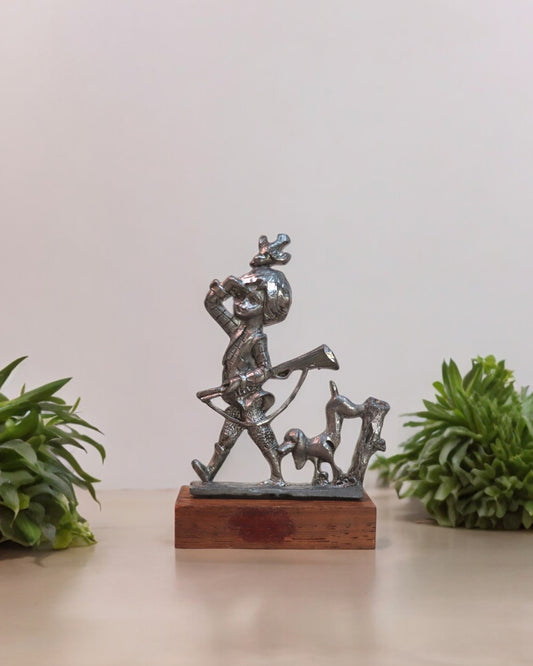 Vintage Pewter Figurine of Boy with Dog on Wood Stand