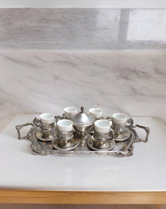 Exquisite Pewter and Porcelain Service Set