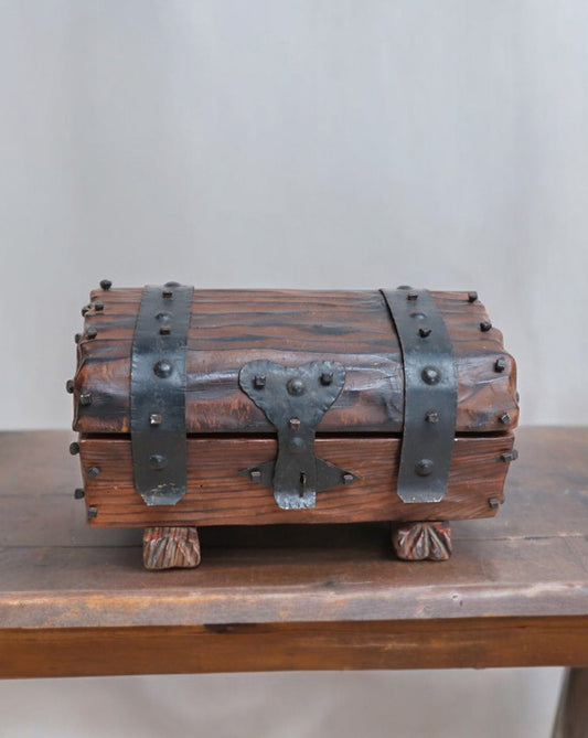 Spanish Wood Treasure Chest Mid 20th Century - Vintage Medieval Style