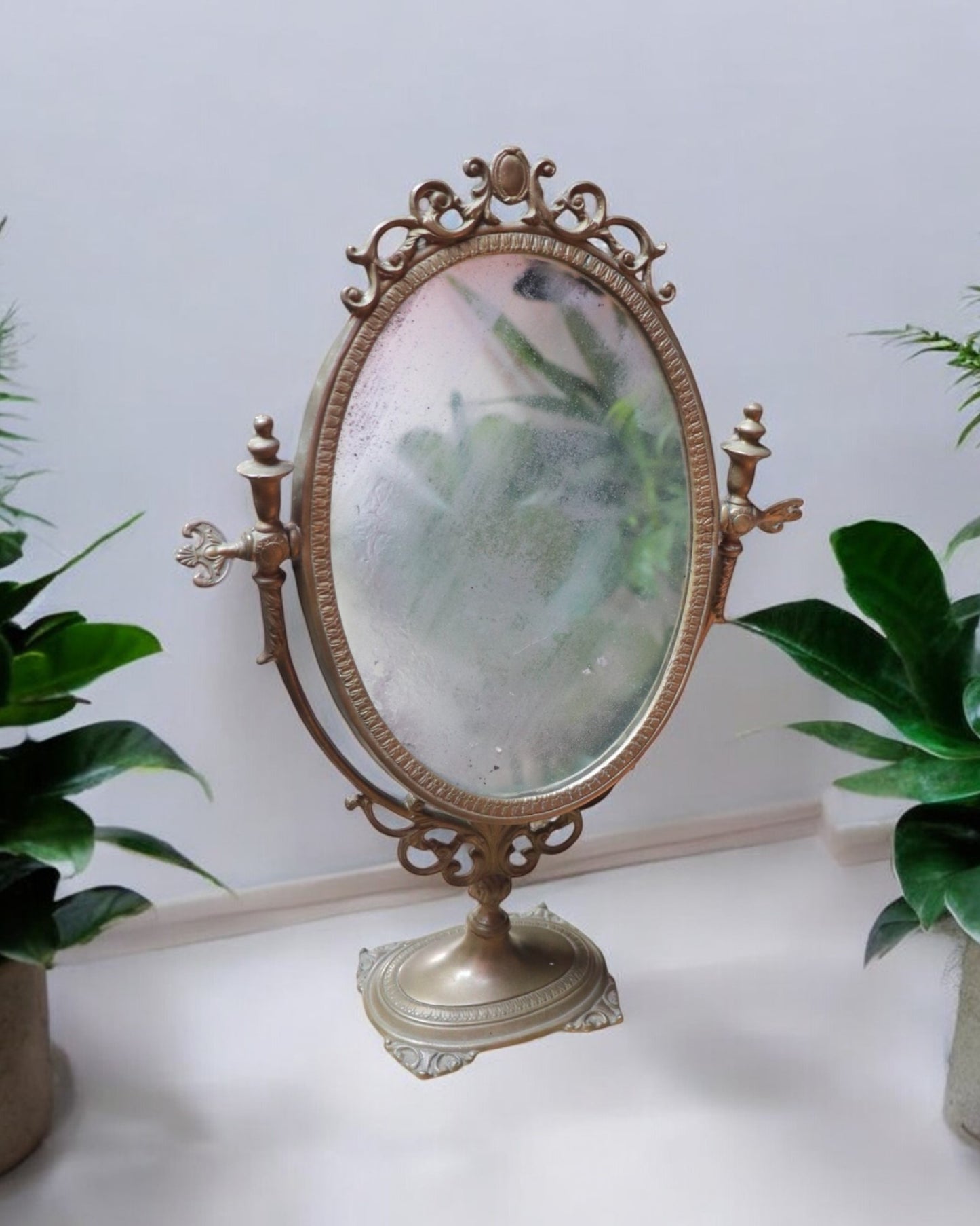 Early 20th Century Vintage Ornate Brass Swinging Pedestal Vanity Mirror